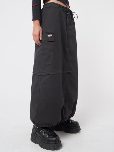 Black cargo maxi skirt in parachute style with side utility cargo pockets