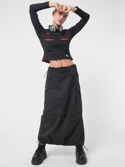 Black cargo maxi skirt in parachute style with side utility cargo pockets