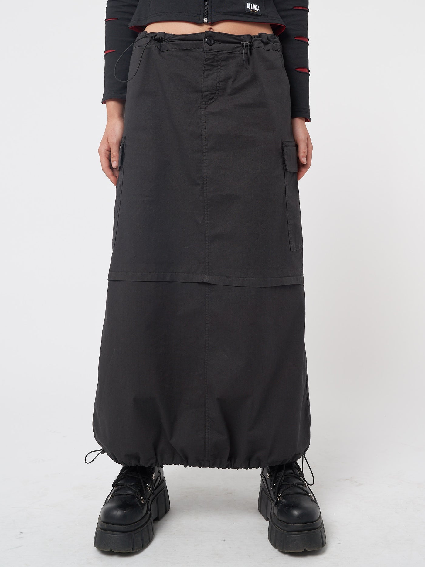 Black cargo maxi skirt in parachute style with side utility cargo pockets