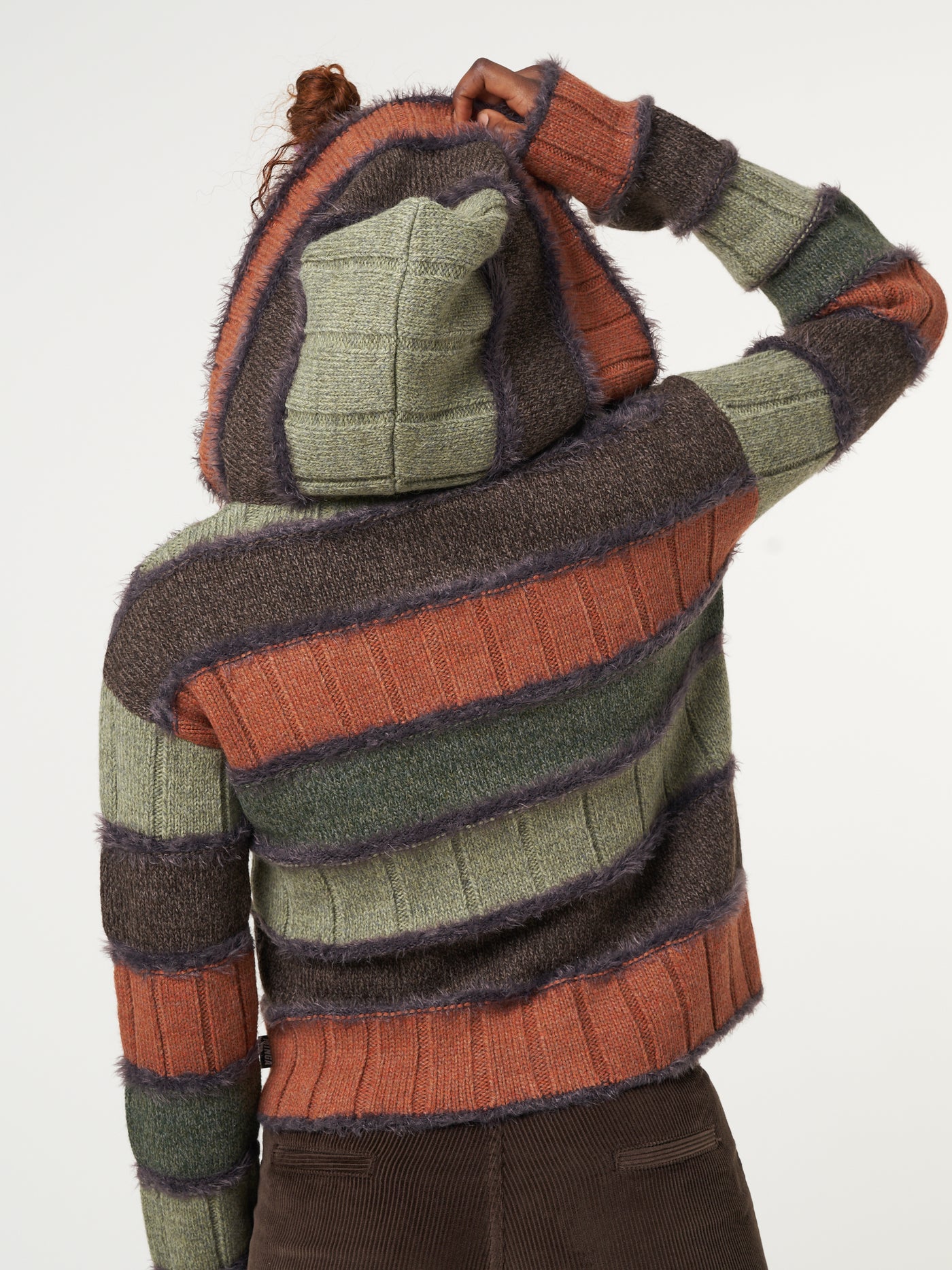 Zip up hood knitted cardigan with orange, green and brown patchwork stripes 