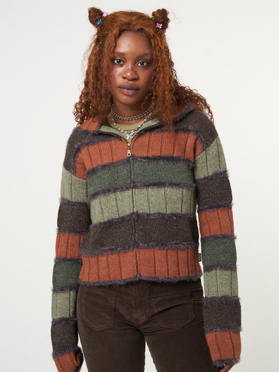 Zip up hood knitted cardigan with orange, green and brown patchwork stripes 