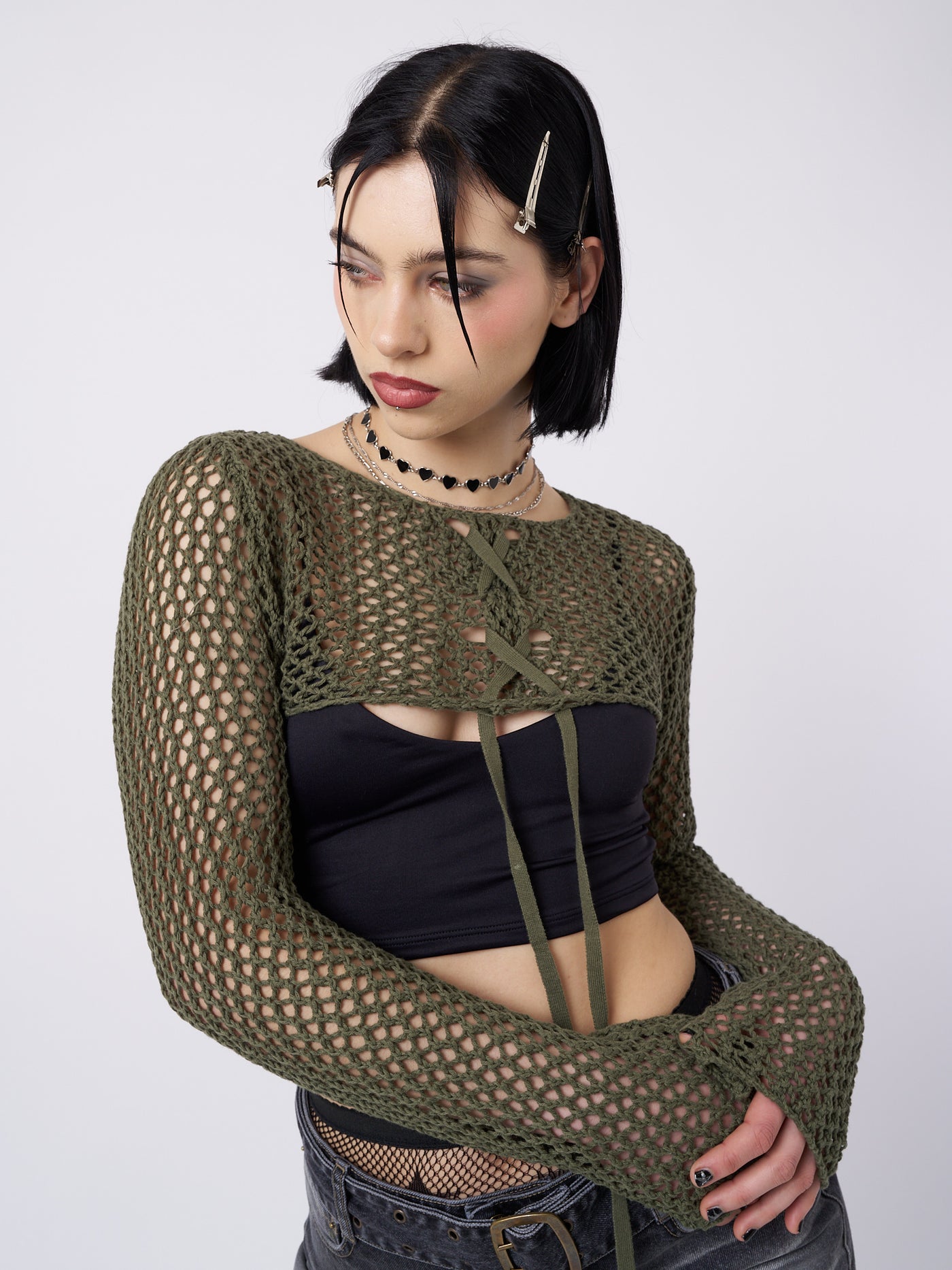 Ramona Green Lace Up Knitted Shrug - Minga London