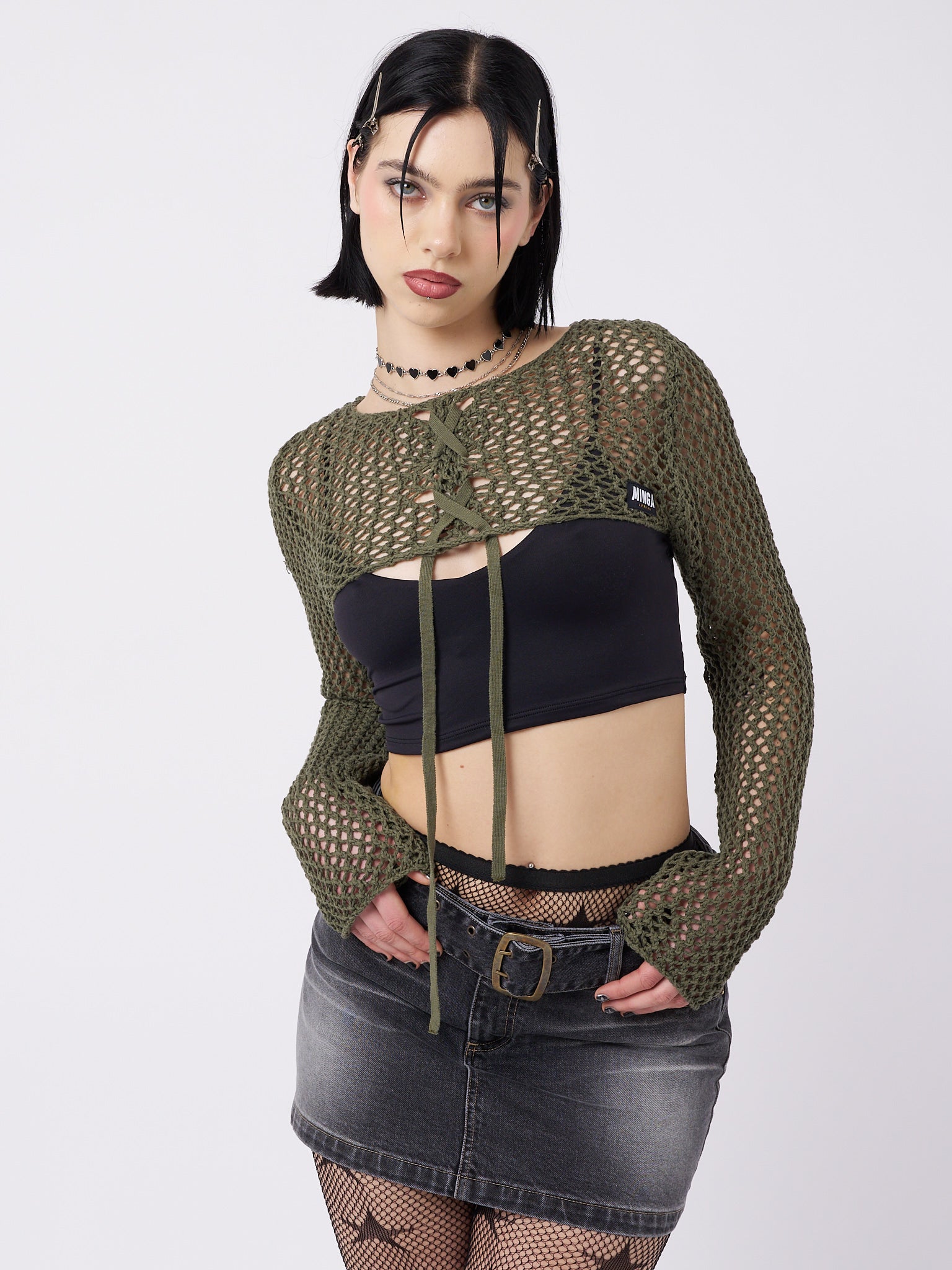 Ramona Green Lace Up Knitted Shrug - Minga London