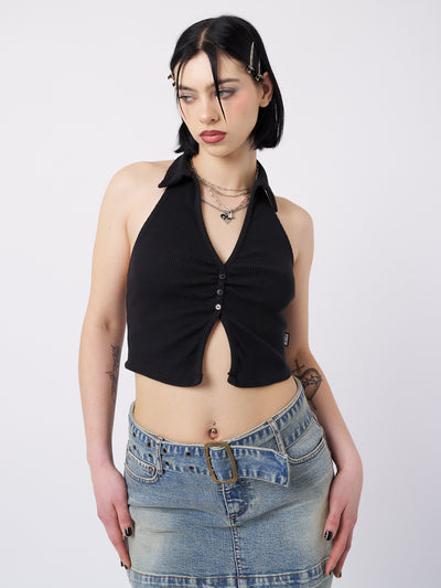 Raya Black Halter Neck Collar Top - Minga London