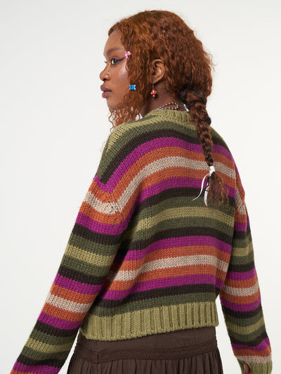 Knitted jumper in orange, pink, green and brown stripes featuring front Retro Flower embroidery