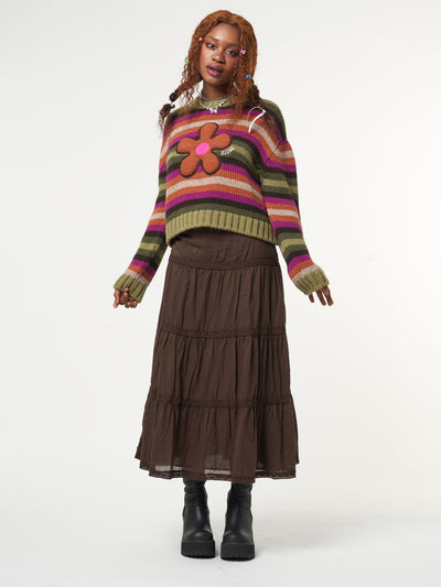 Knitted jumper in orange, pink, green and brown stripes featuring front Retro Flower embroidery