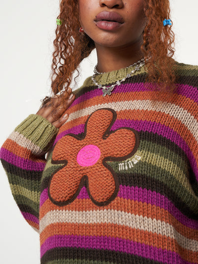 Knitted jumper in orange, pink, green and brown stripes featuring front Retro Flower embroidery