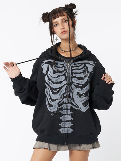 Skeleton Black Zip Up Hoodie - Minga London