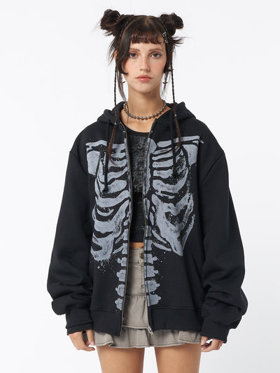 Skeleton Black Zip Up Hoodie - Minga London