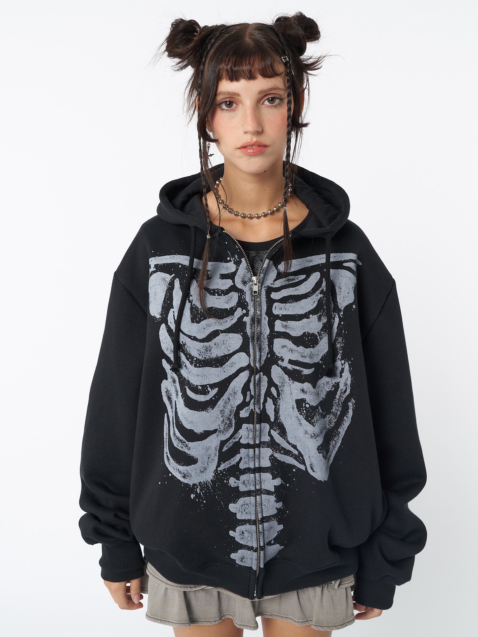 Zip up hoodie jacket in black with skeleton graphic screen print