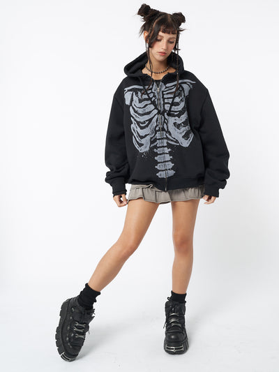 Zip up hoodie jacket in black with skeleton graphic screen print
