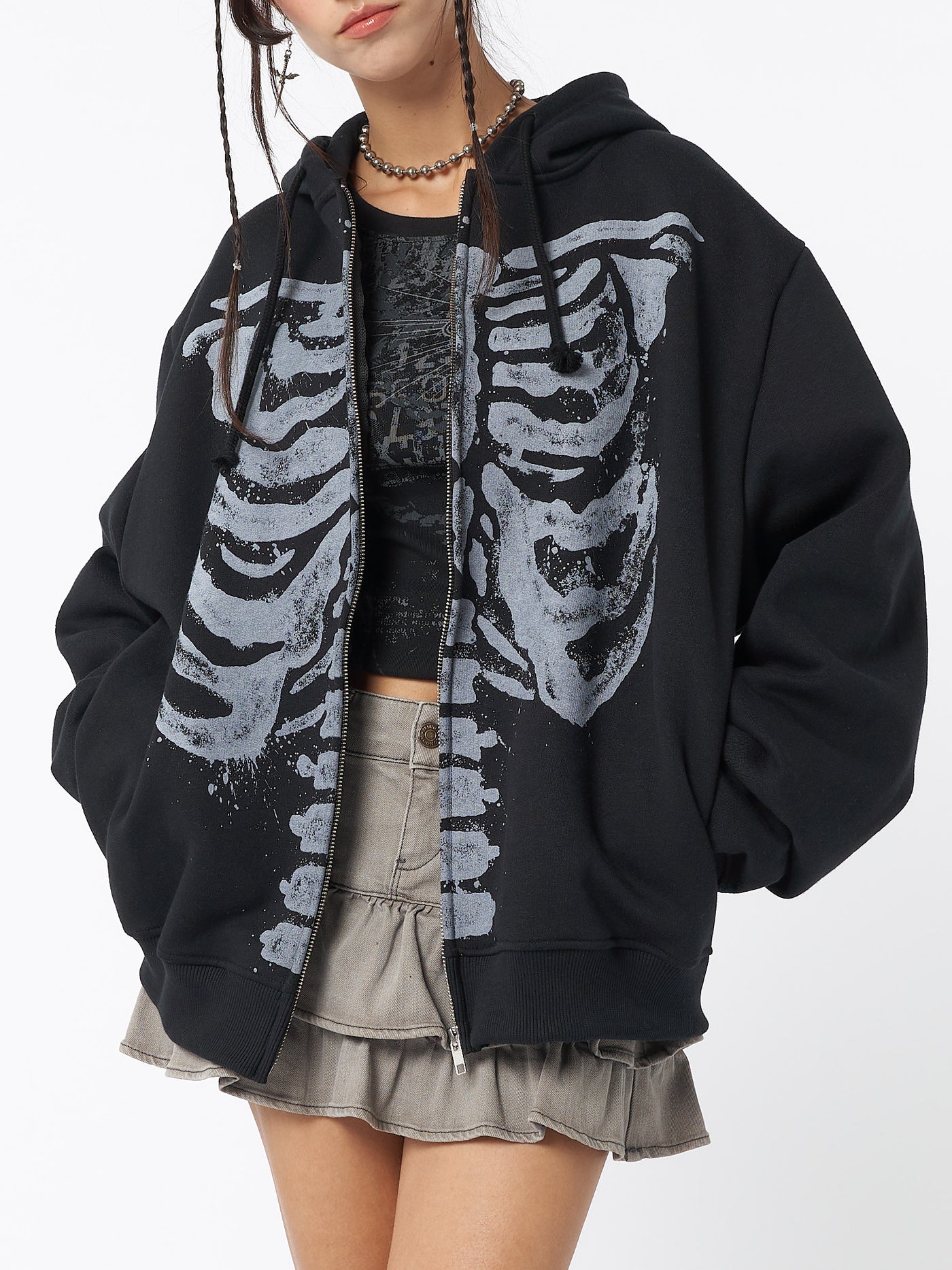 Skeleton Black Zip Up Hoodie - Minga London