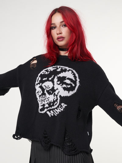 Loose knitted jumper in black with front skull design and distressed details