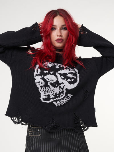 Loose knitted jumper in black with front skull design and distressed details