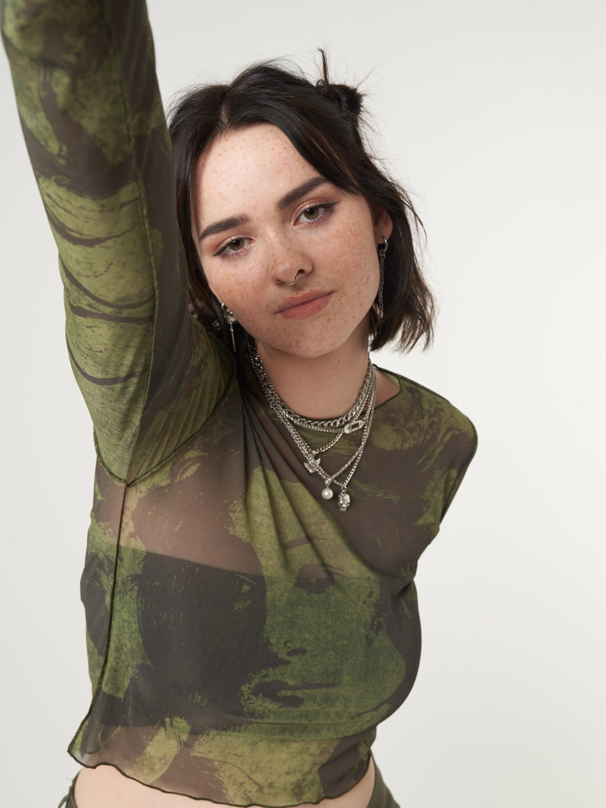 Mesh crop top in olive green with all over Venus print 