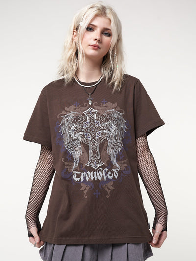 T-shirt in dark brown with winged cross graphic print
