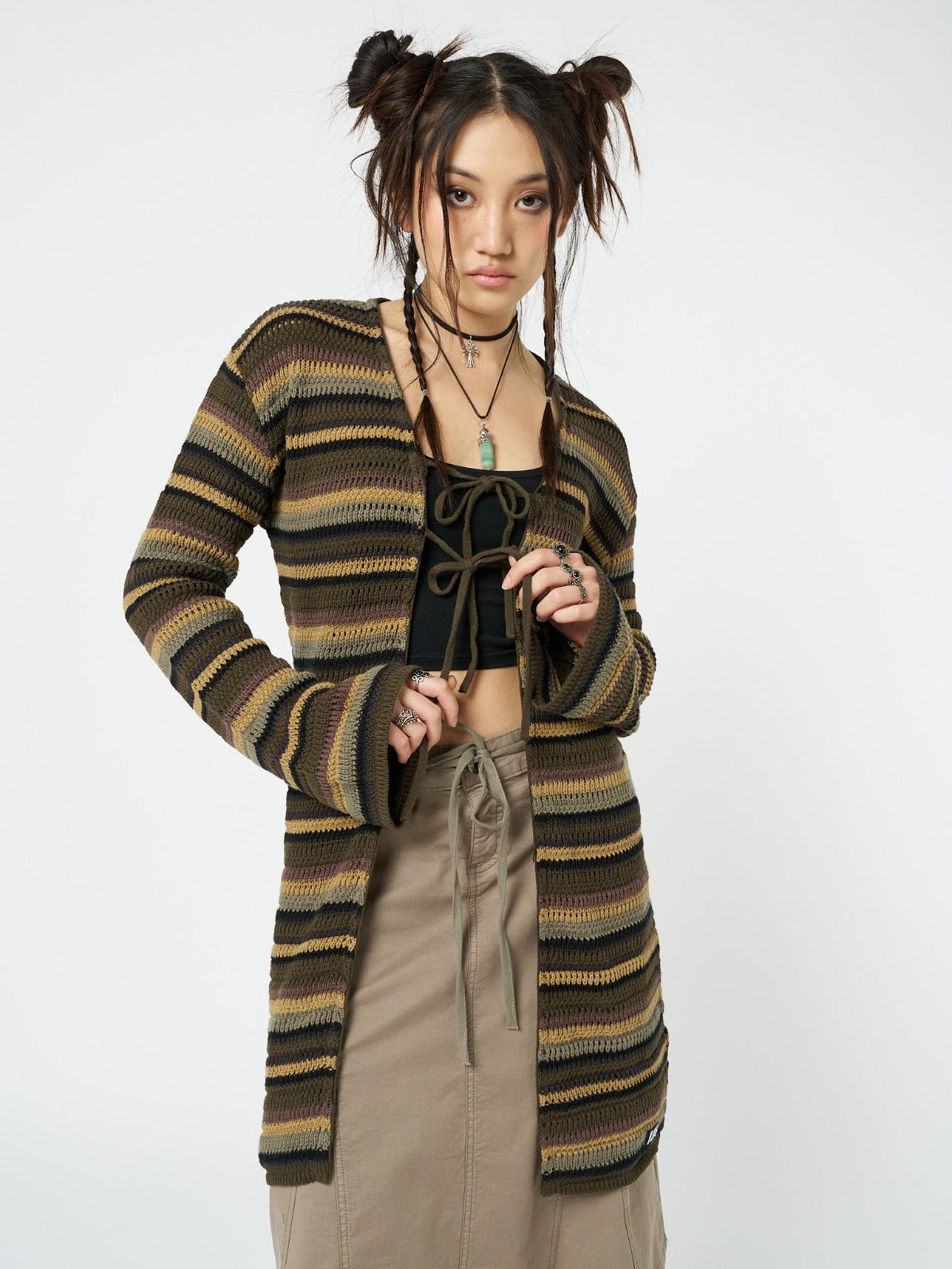 Luna Forest Stripes Tie Front Knit Cardigan - Minga London