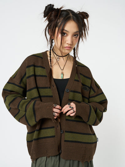 Neesa Brown & Green Stripe Knit Cardigan - Minga London