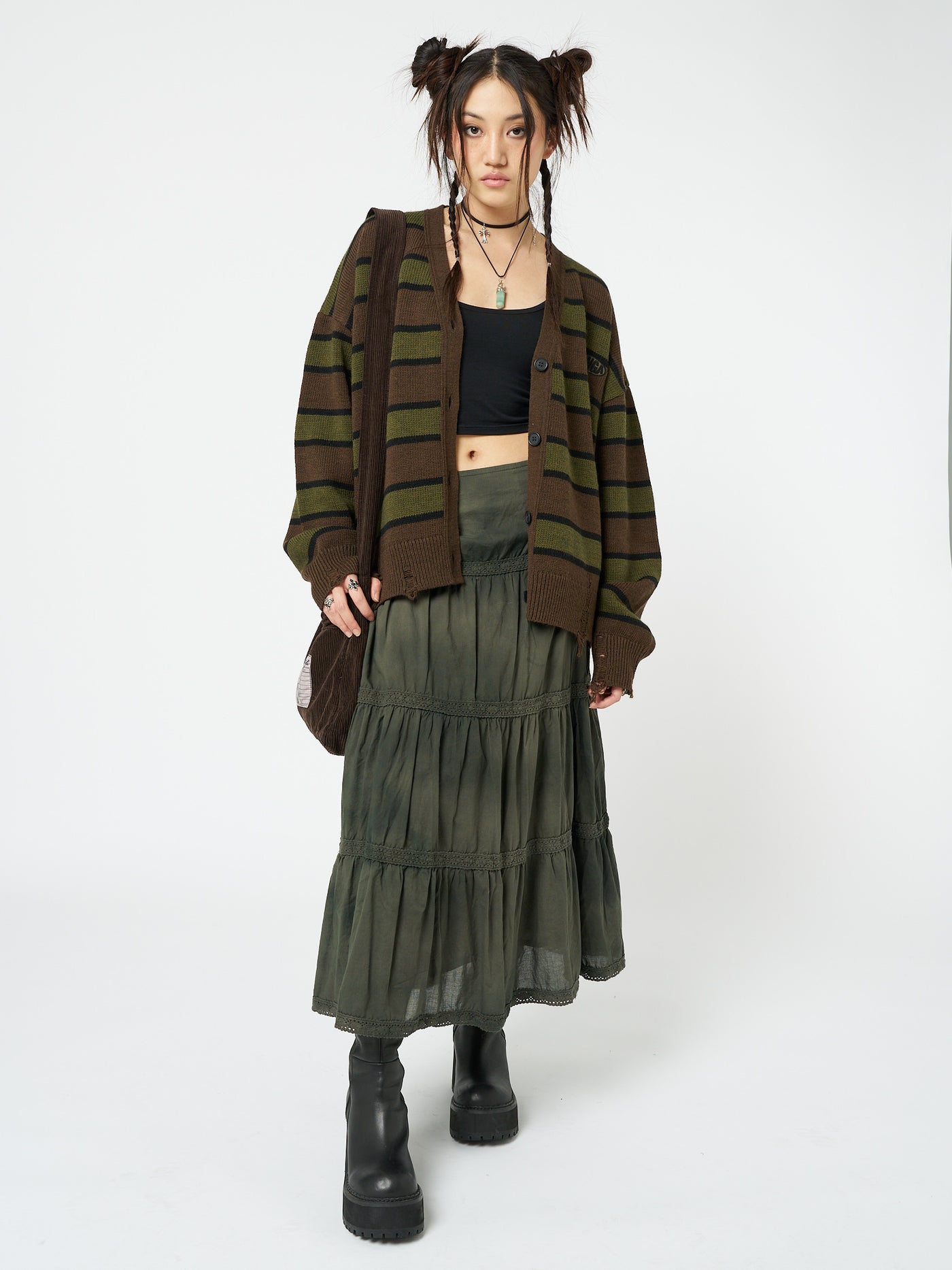 Neesa Brown & Green Stripe Knit Cardigan - Minga London
