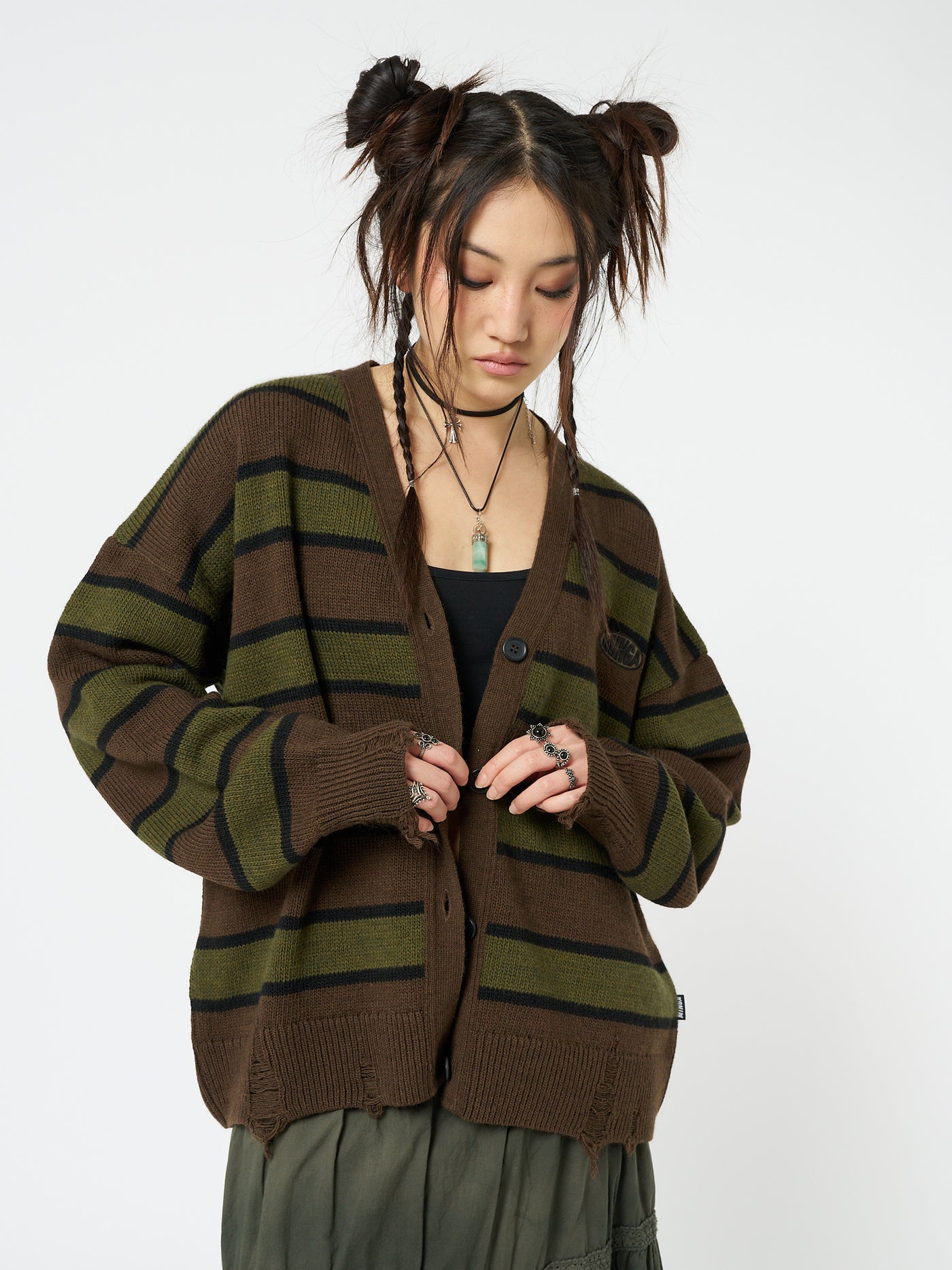 Neesa Brown & Green Stripe Knit Cardigan - Minga London