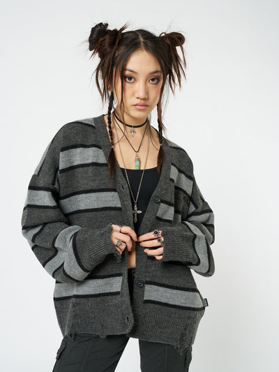 Neesa Grey & Black Stripe Knit Cardigan - Minga London