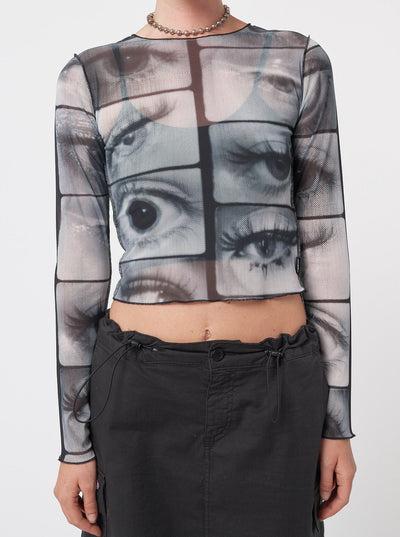 Mesh crop top with all over Mirror Eyes graphic print 