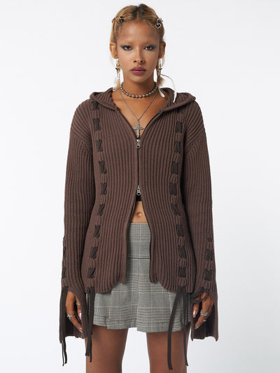 Nixie Brown Lace Up Cardigan - Minga London