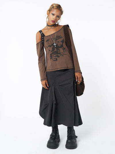 Asymmetric top in brown featuring cut out shoulder with buckle grommet eyelet strap and No Sleep graphic front print