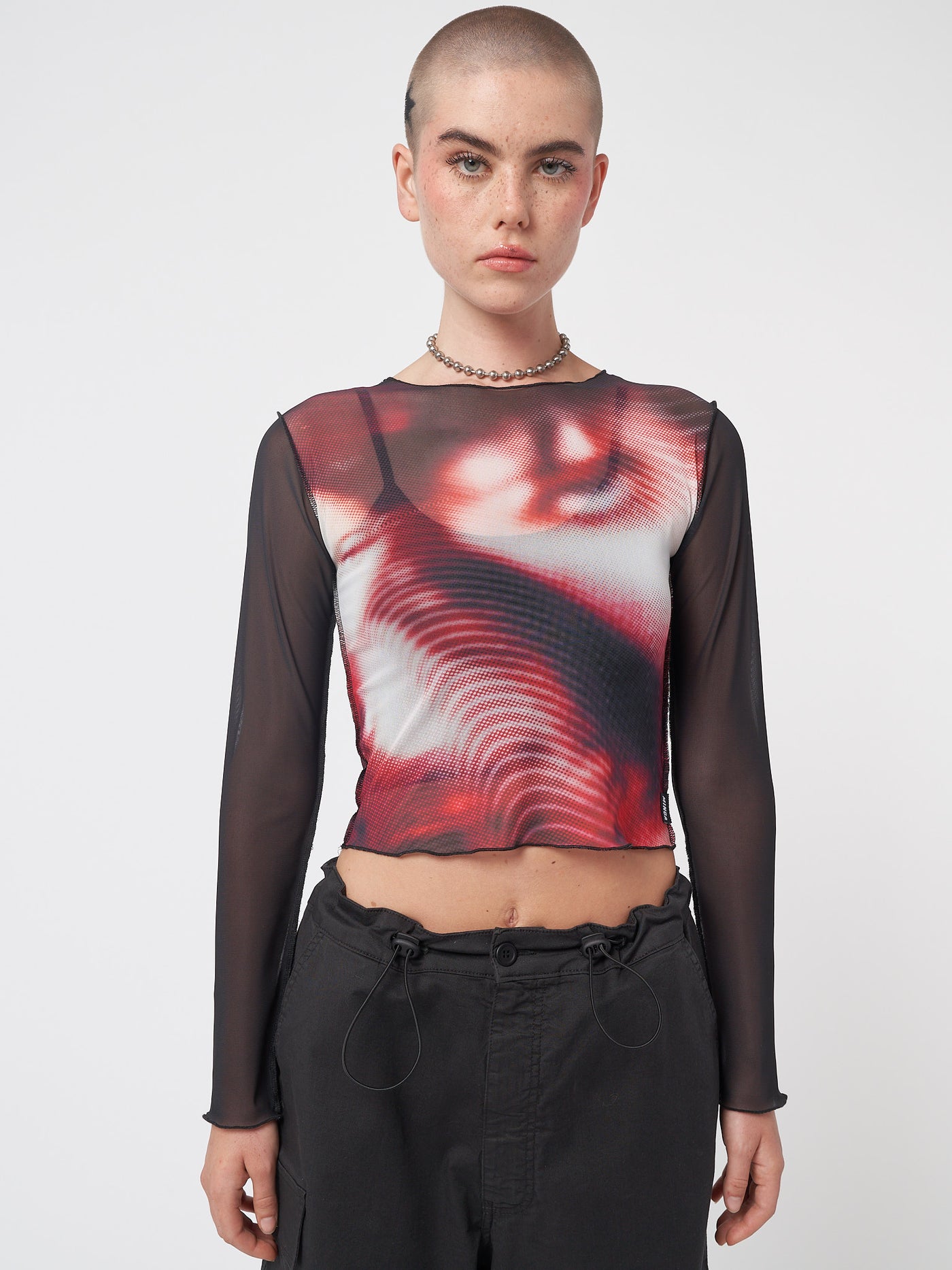 Mesh crop top with Pixel Eye graphic front print and contrast sleeves in black