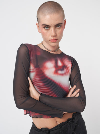 Mesh crop top with Pixel Eye graphic front print and contrast sleeves in black