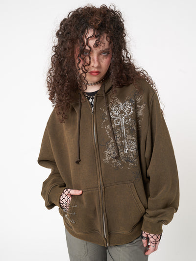 Zip up hoodie jacket in washed green with y2k graphic front print and safety pins detail 
