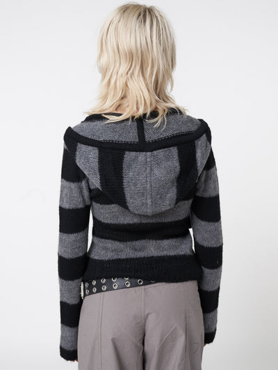 Striped hood knit jumper in black and grey with pom pom drawstring