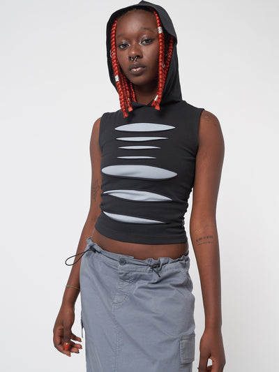 Slash hooded top in black featuring front contrast layer in grey-blue and cut-out panels 
