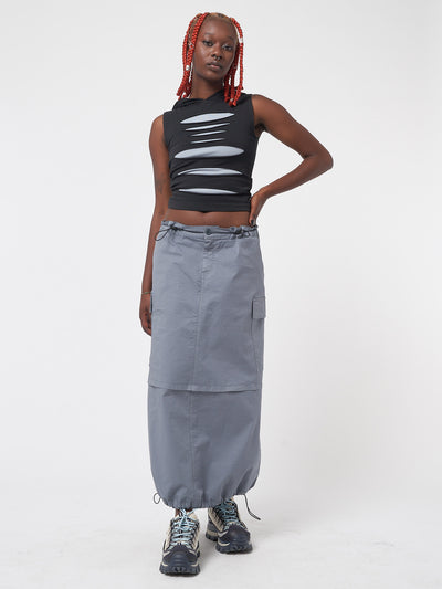 Slash hooded top in black featuring front contrast layer in grey-blue and cut-out panels 