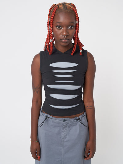 Slash hooded top in black featuring front contrast layer in grey-blue and cut-out panels 
