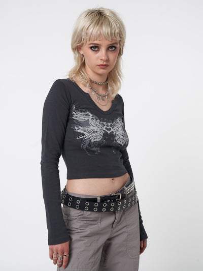 Crop top in dark grey with heart wings graphic front print and rhinestone details